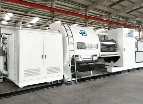 Aluminum paper Vacuum metallizer machine-view (5) Web-fed aluminum-paper vacuum metallizing system in factory environment